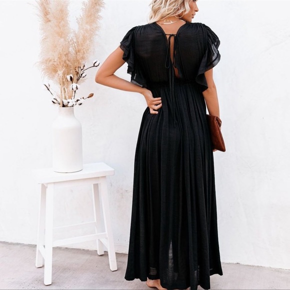 New Bohemian Long Black Gauze Button Front Flutter Maxi Summer Dress - Picture 3 of 11